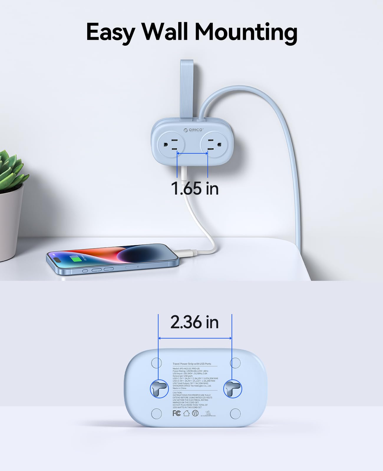 ORICO Blue Travel Power Strip PD20W with 4 AC Outlets 3 USB Ports (1 USB-C), 4FT Flat Plug Extension Cord, Compact Portable Design for Business Travel, Cruise Ship Essentials-AP3