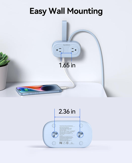 ORICO Blue Travel Power Strip PD20W with 4 AC Outlets 3 USB Ports (1 USB-C), 4FT Flat Plug Extension Cord, Compact Portable Design for Business Travel, Cruise Ship Essentials-AP3