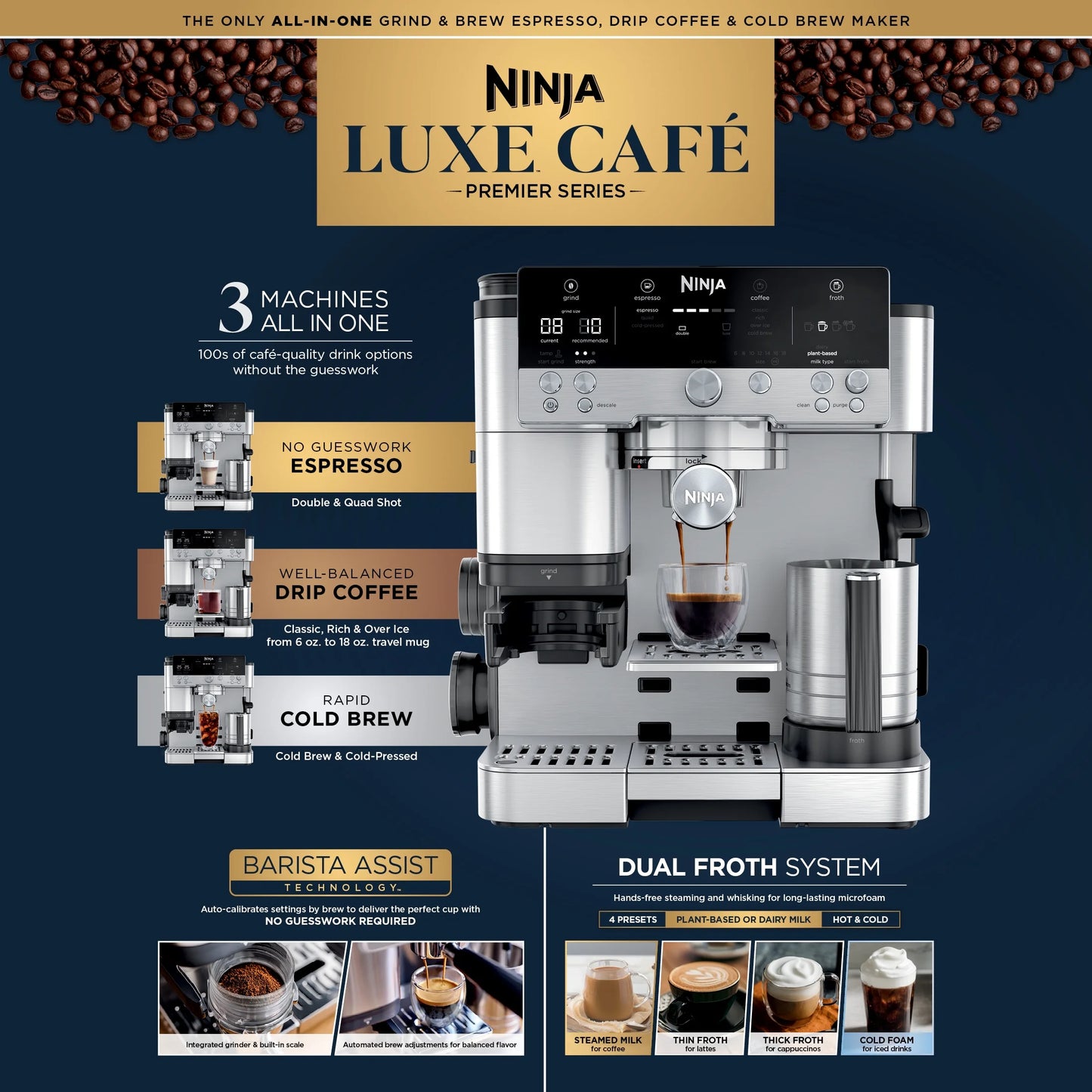 Luxe Cafe Premier Series, Stainless Steel Espresso Machine and Drip Coffee Maker with Integrated Coffee Grinder and Milk Frother, ES601