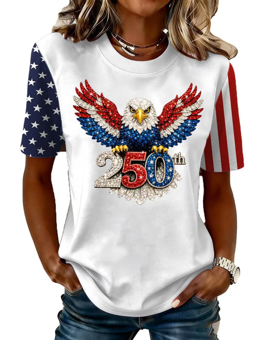 Women's 250th Anniversary Print Shirt Bald Eagle and USA Flag 250 Years 1776 2026 250Th Birthday Shirts Freedom Sequin American Flag Patriotic Merchandise Independence Day Tops