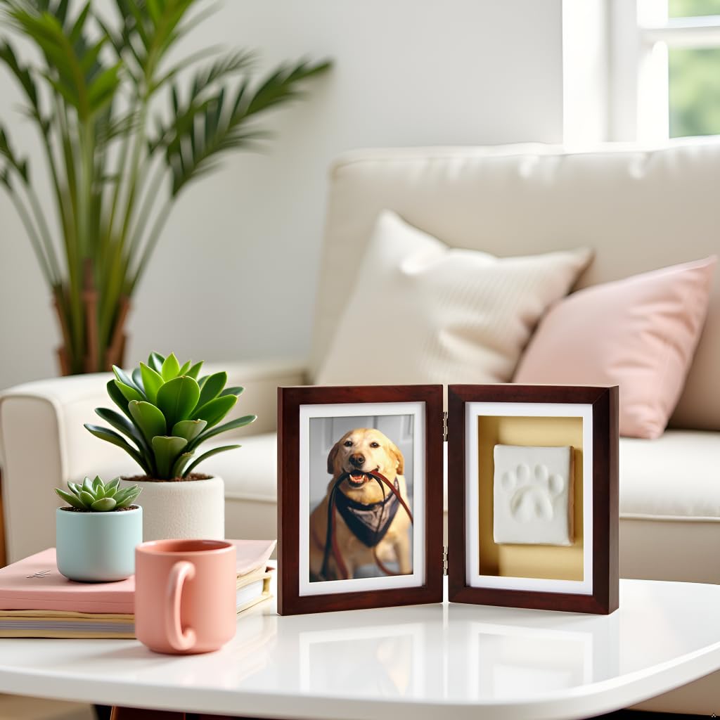 Pearhead Pet Paw Print Memorial Frame with Clay Imprint Kit, Dog & Cat Pawprint Keepsake Wood Photo Frame, DIY No Bake Paw Print Kit, 4x6 Picture Display, Espresso Brown