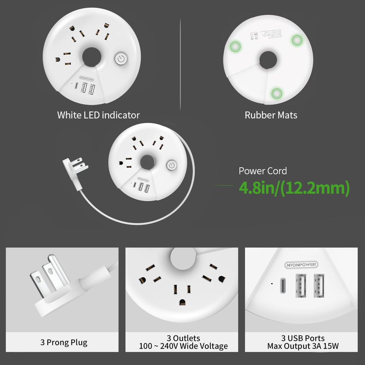 Travel Power Strip, NTONPOWER 3 Outlets 3 USB(1 USB C) Cruise Approved Power Strip, Short Extension Cord 3ft, Travel Essentials for Home, Hotels, Cruise Ship, Vacation, White, i-Donut