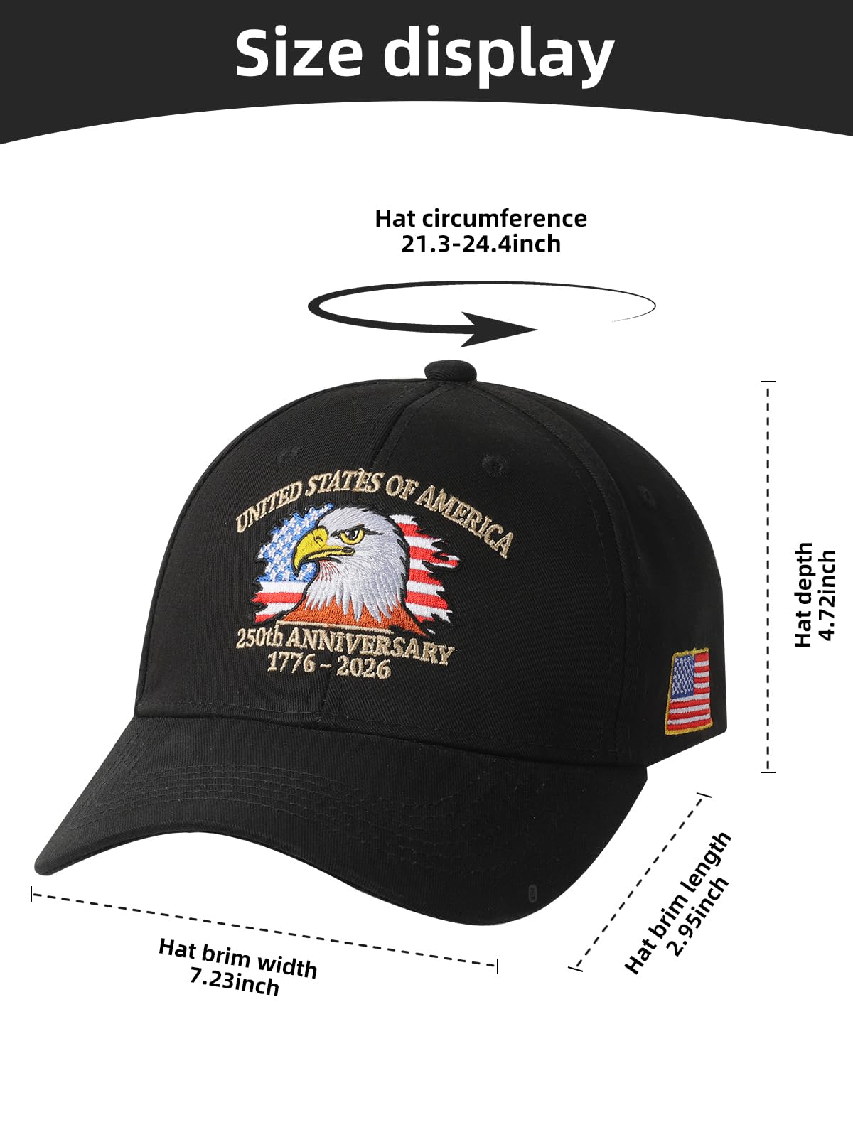 250th USA Anniversary hat，Patriotic Eagle Pattern Adjustable 250th Anniversary Vintage Embroidered Baseball Cap, Unisex (Black)