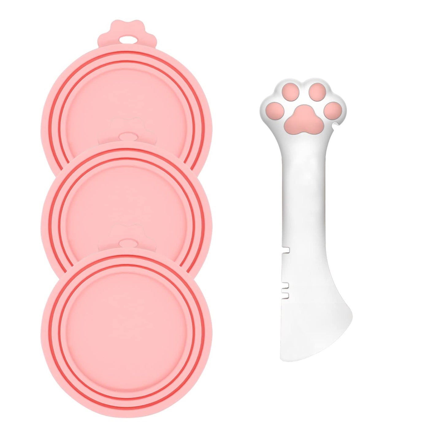 DORUI 3 Pcs Pet Food Can Lids & One Can Spoon | Cute Paw Shape Opener Spatula Cat Wet Food Spoon | Universal BPA Free Silicone Covers for Dog Cat Cans(Pink)