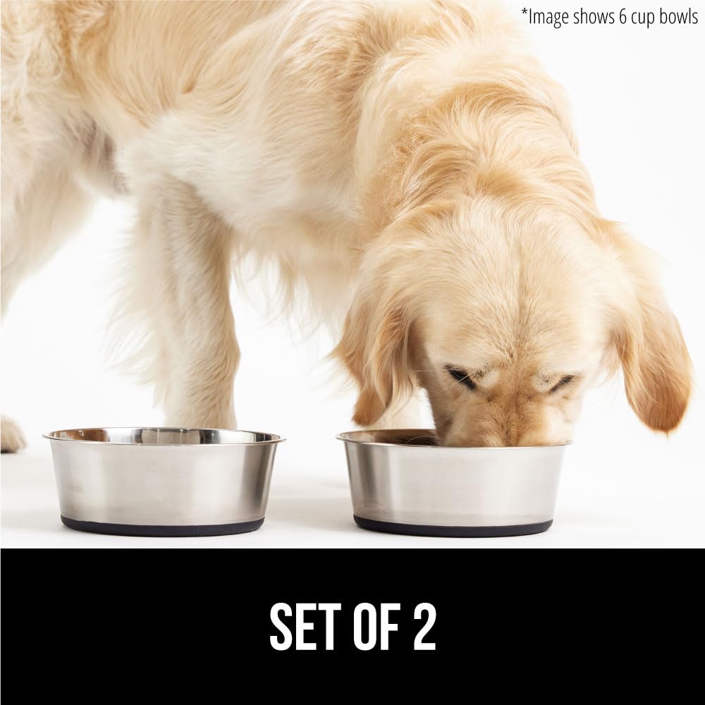 GORILLA GRIP Set of 2 Dog Bowls, Heavy Duty Metal Food and Water Bowl for Feeding Dogs and Cats, Dishwasher Safe, Rust Resistant Stainless Steel, BPA Free Rubber Base, Holds 2 Cups (16 fl oz), Black