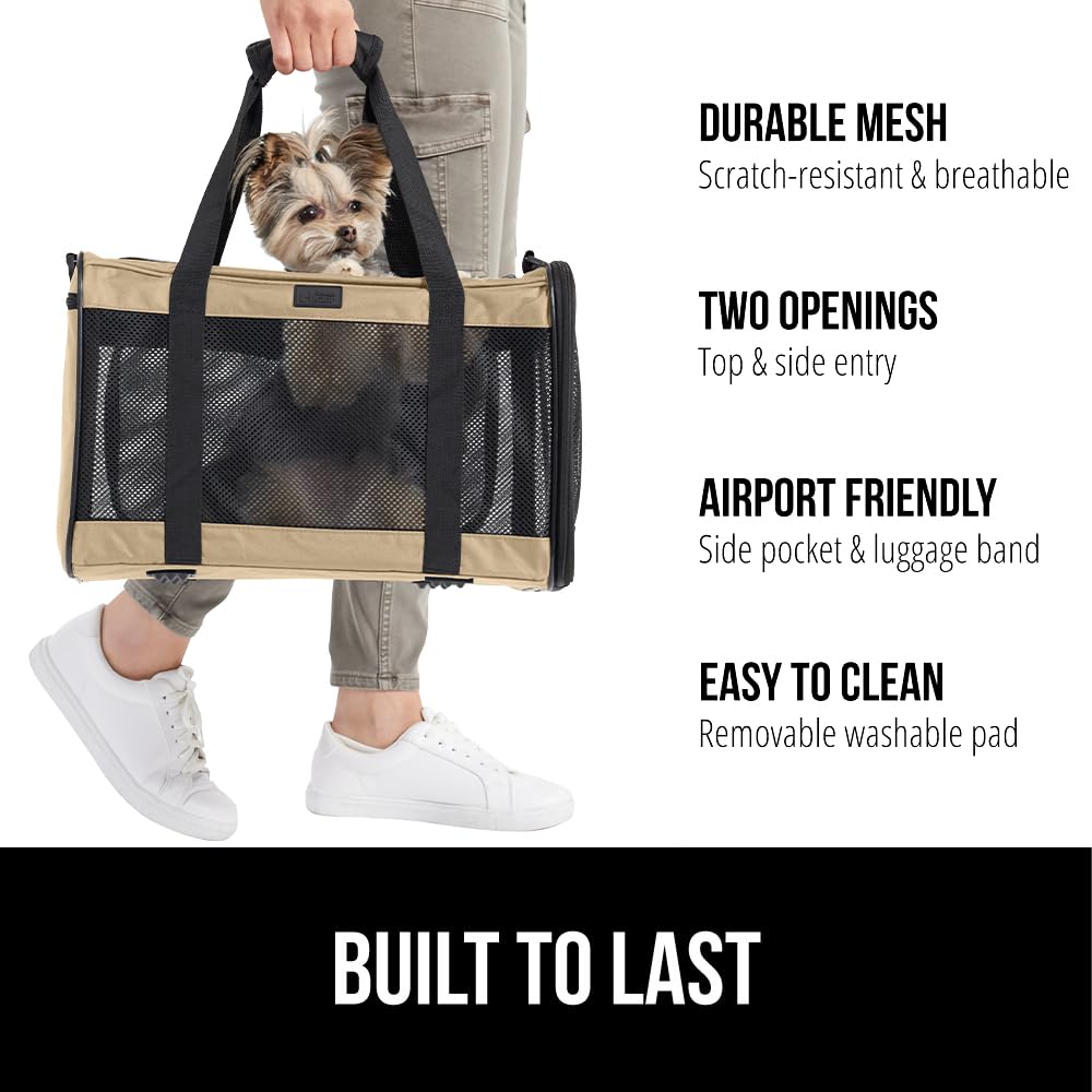 GORILLA GRIP Airline Travel Cat Carrier Bag Up to 15 Lbs, Breathable Mesh Collapsible Pet Carriers for Small, Medium Cats, Small Dogs, Puppies, Portable Kennel with Soft Washable Waterproof Pad, Beige