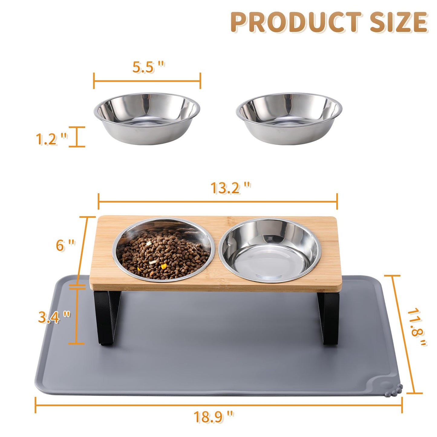 Upgraded Elevated Cat Bowls with Food Mat,15°Tilted Stand Anti Vomiting Raised Cat Dishes for Food and Water,2 Stainless Steel Bowls for Cats and Puppy