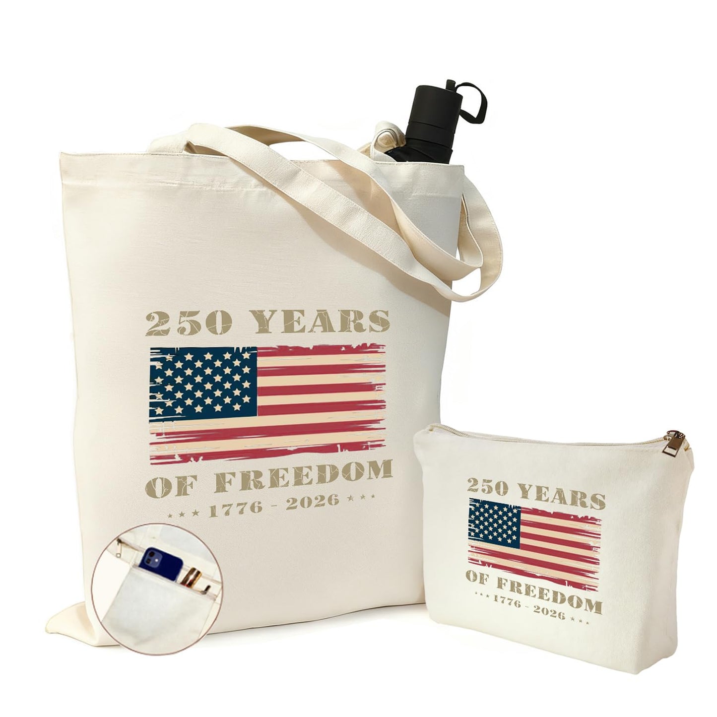 Solaine Li 2 Pack Canvas Tote Cosmetic Bag 2026 Independence Day 250th Anniversary USA, Reusable Grocery Bags for Shopping, Travel (Flag A)