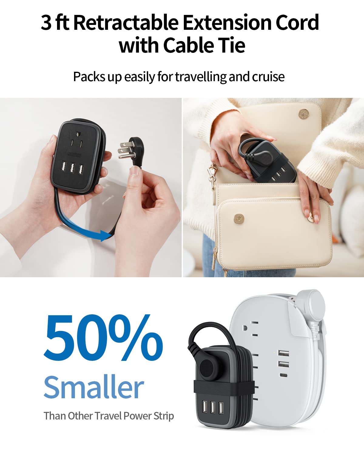 NTONPOWER Travel Power Strip with USB Ports, Portable Small Power Strip with 3FT Wrapped Flat Plug Extension Cord, 2 Outlets 3 USB Ports, Non Surge Protector for Cruise Ship Hotel Black