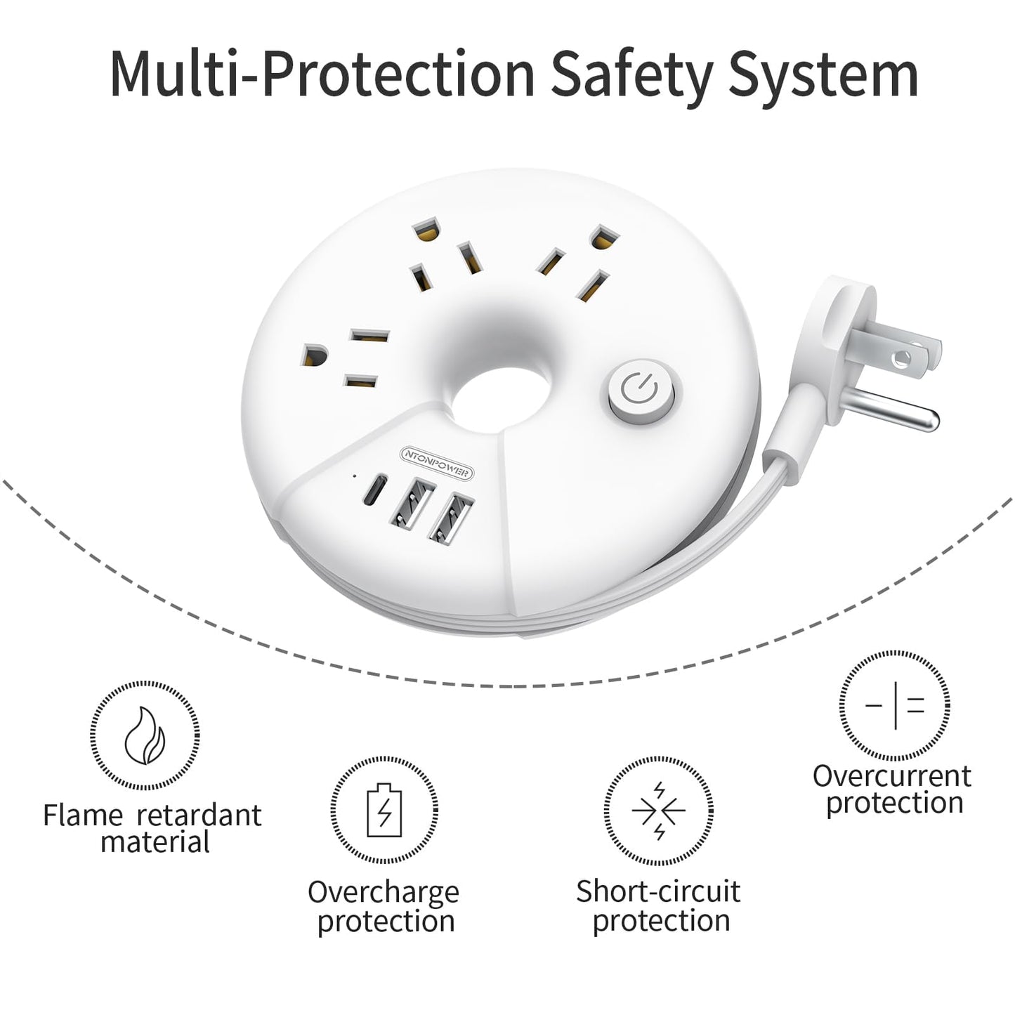 Travel Power Strip, NTONPOWER 3 Outlets 3 USB(1 USB C) Cruise Approved Power Strip, Short Extension Cord 3ft, Travel Essentials for Home, Hotels, Cruise Ship, Vacation, White, i-Donut