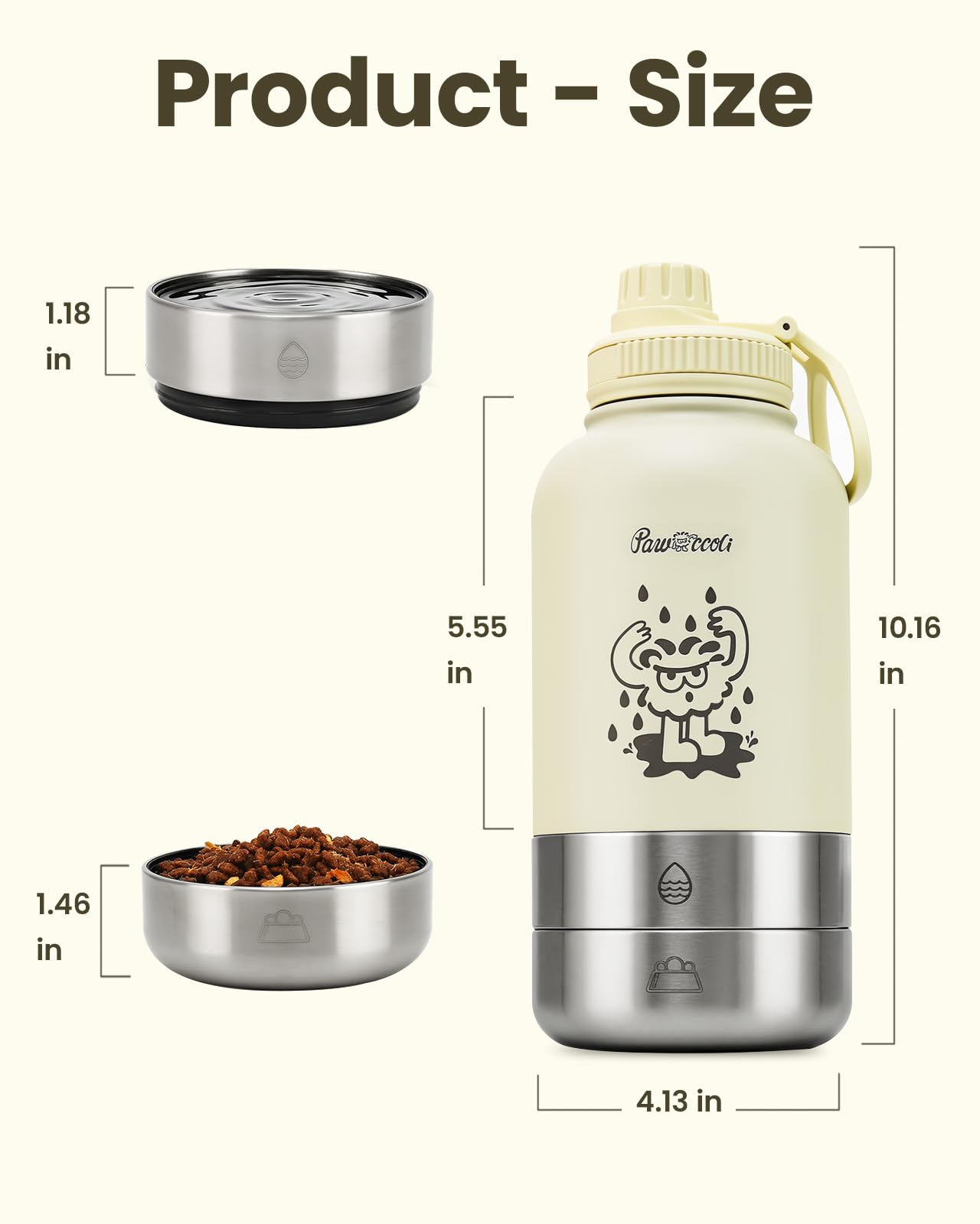 Pawccoli 34oz Dog Water Bottle, Stainless Steel Dog Water Bottle Dispenser with Detachable Food & Water Bowls, Keeps Water Hot/Cold, for Walking, Hiking, Camping(Cream)