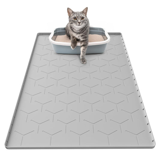 Garoopion Cat Mat for Litter Box, Large 34" X 22" Cat Litter Mat, Waterproof Silicone Pad for Floor, Gray