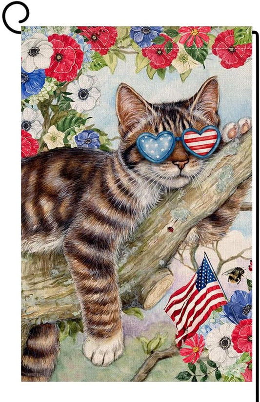 4Th of July Cat Garden Flag 12X18 Vertical Double Sided Red Blue Floral Memorial