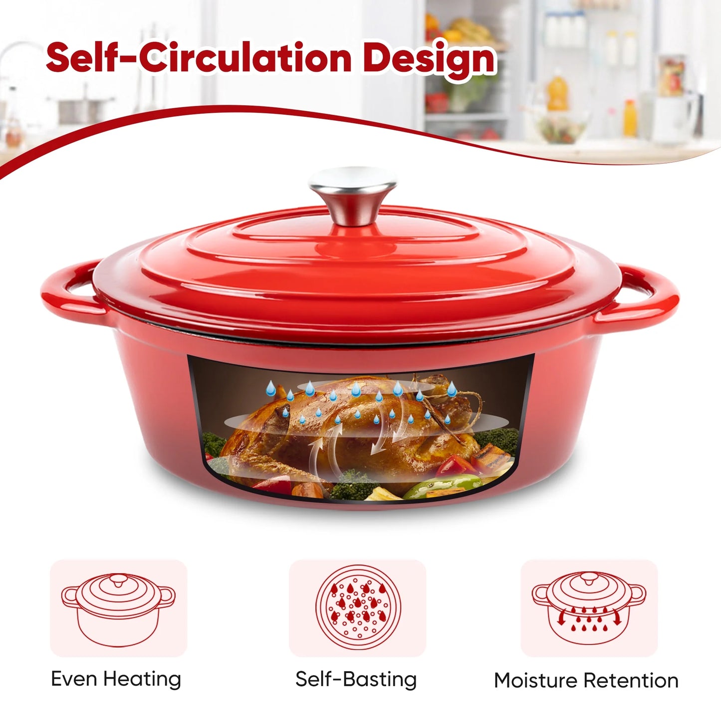 4.5 QT Enameled Cast Iron Oval Dutch Oven with Lid, Nonstick Cookware for Baking, Braising, Roasting, and Cooking,Red