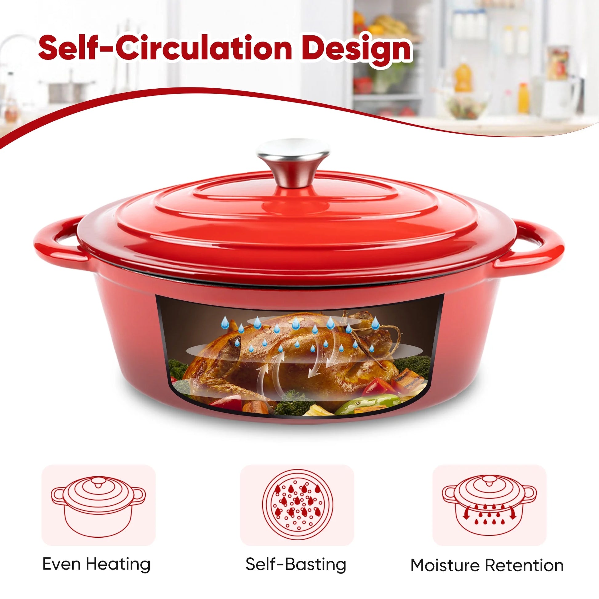 4.5 QT Enameled Cast Iron Oval Dutch Oven with Lid, Nonstick Cookware for Baking, Braising, Roasting, and Cooking,Red