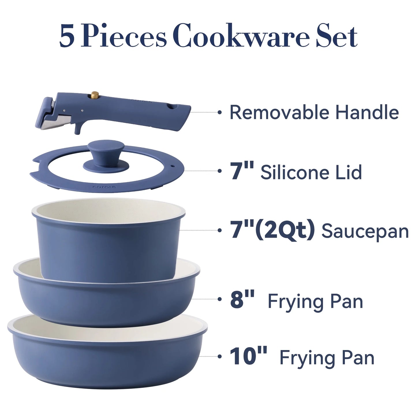 5-Piece Nonstick Cookware Set with Detachable Handles, Oven Safe and Induction Compatible, Stackable Kitchen Cooking Set in Navy Blue