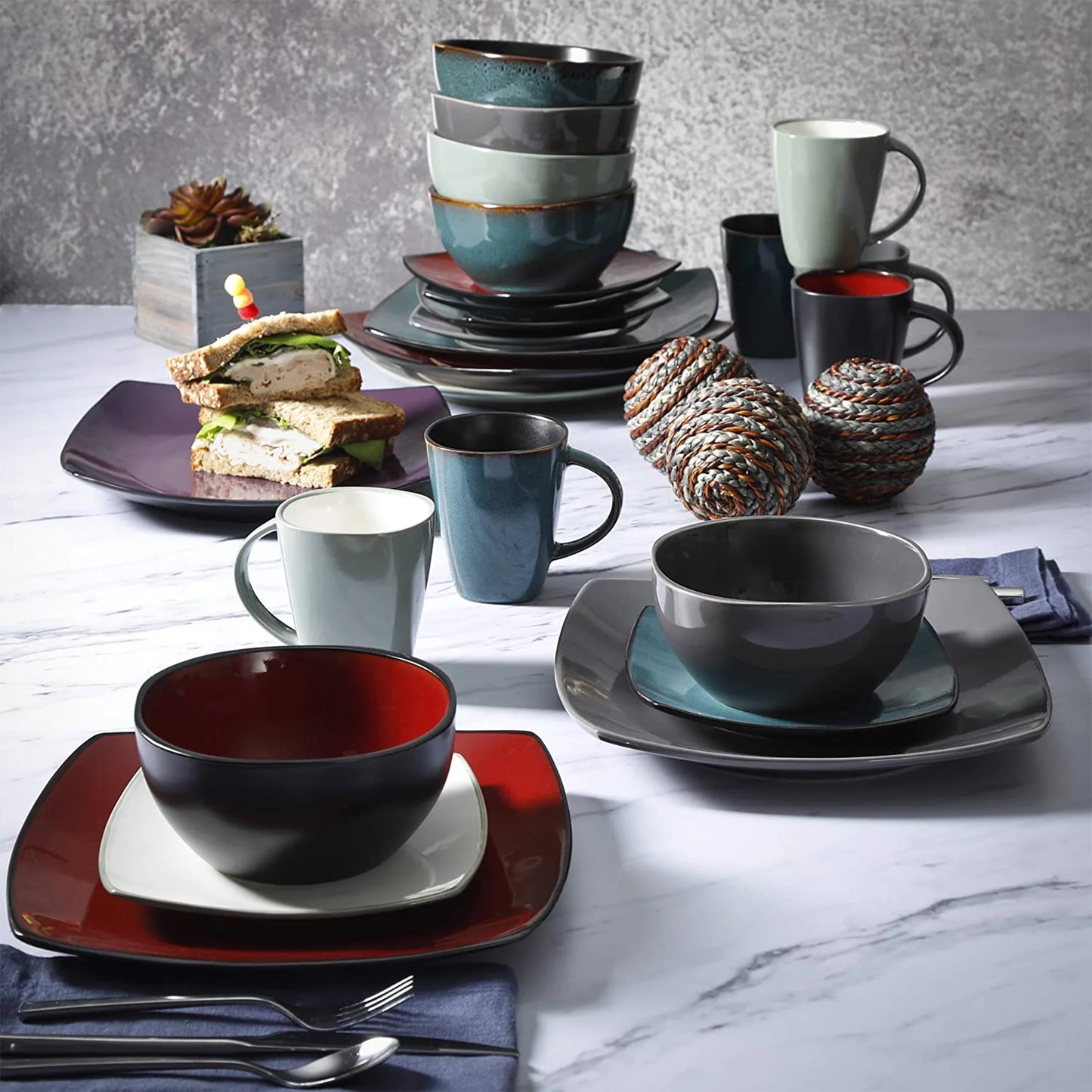 Soho Lounge Square 16-Piece Dinnerware Set, Gray