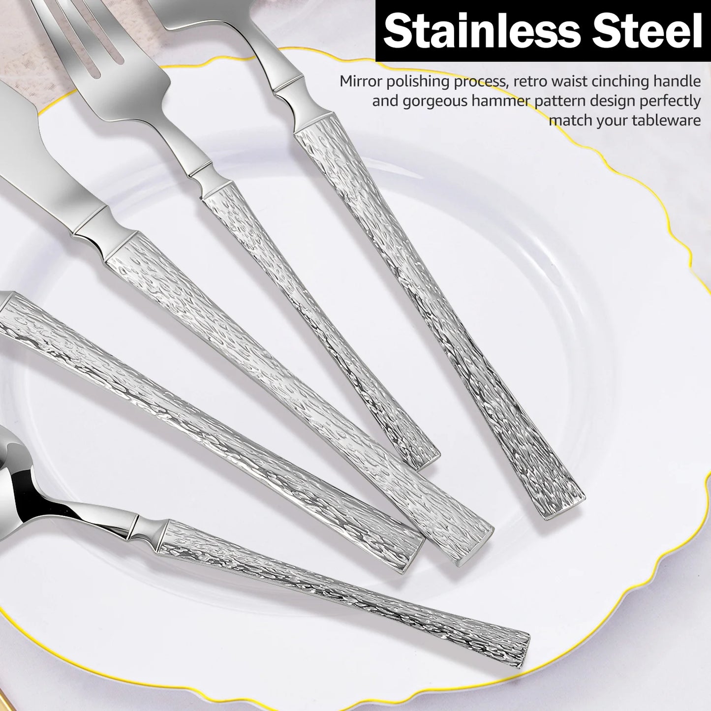 20-Piece Silverware Set with Small Waist Tree Pattern, Stainless Steel Tableware for Hotels, Includes Steak Knife, Fork, Spoon, and Dessert Fork - Dishwasher Safe
