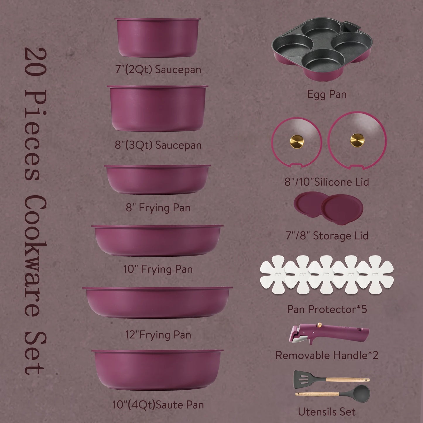 20 Pcs Nonstick Cookware Sets, Pots and Pans Set with Detachable Handles, Oven Safe, Induction Cookware, Stackable Kitchen Cooking Set, Ultra Violet