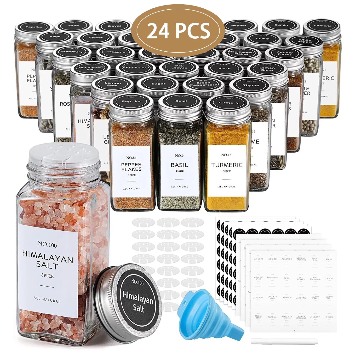 24 Pcs Glass Spice Jars/Bottles - 4Oz Empty Square Spice Containers with 8 Spice Labels - Shaker Lids and Airtight Metal Caps