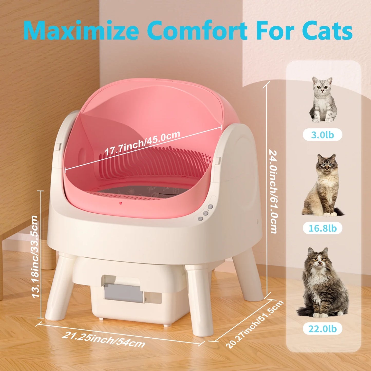 Automatic Self-Cleaning Cat Litter Box with Safety Features, Mat, and Trash Bags Included - Pink