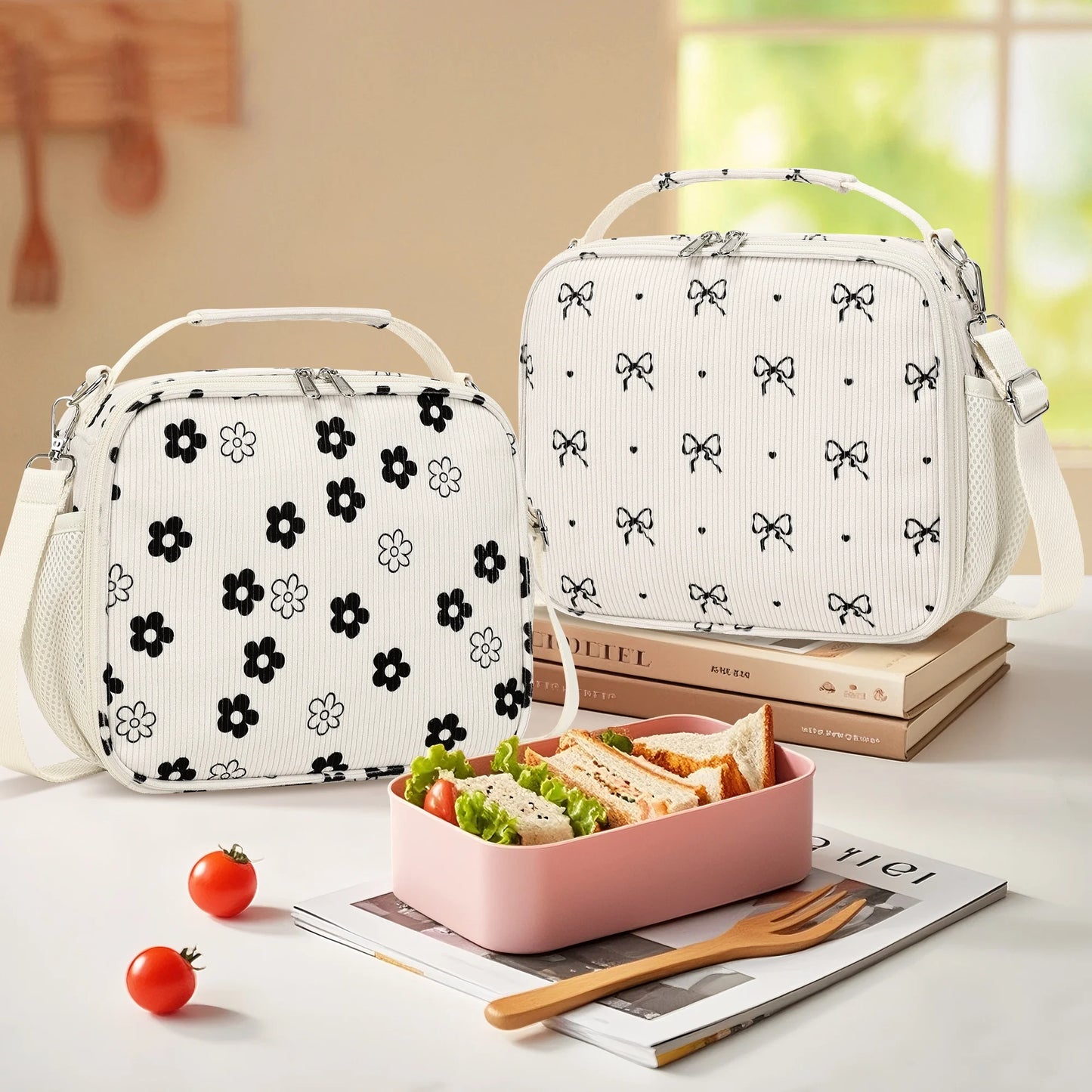 Black & White Floral Corduroy Lunch Bag - Handheld or Shoulder Carry Insulated Lunch Box
