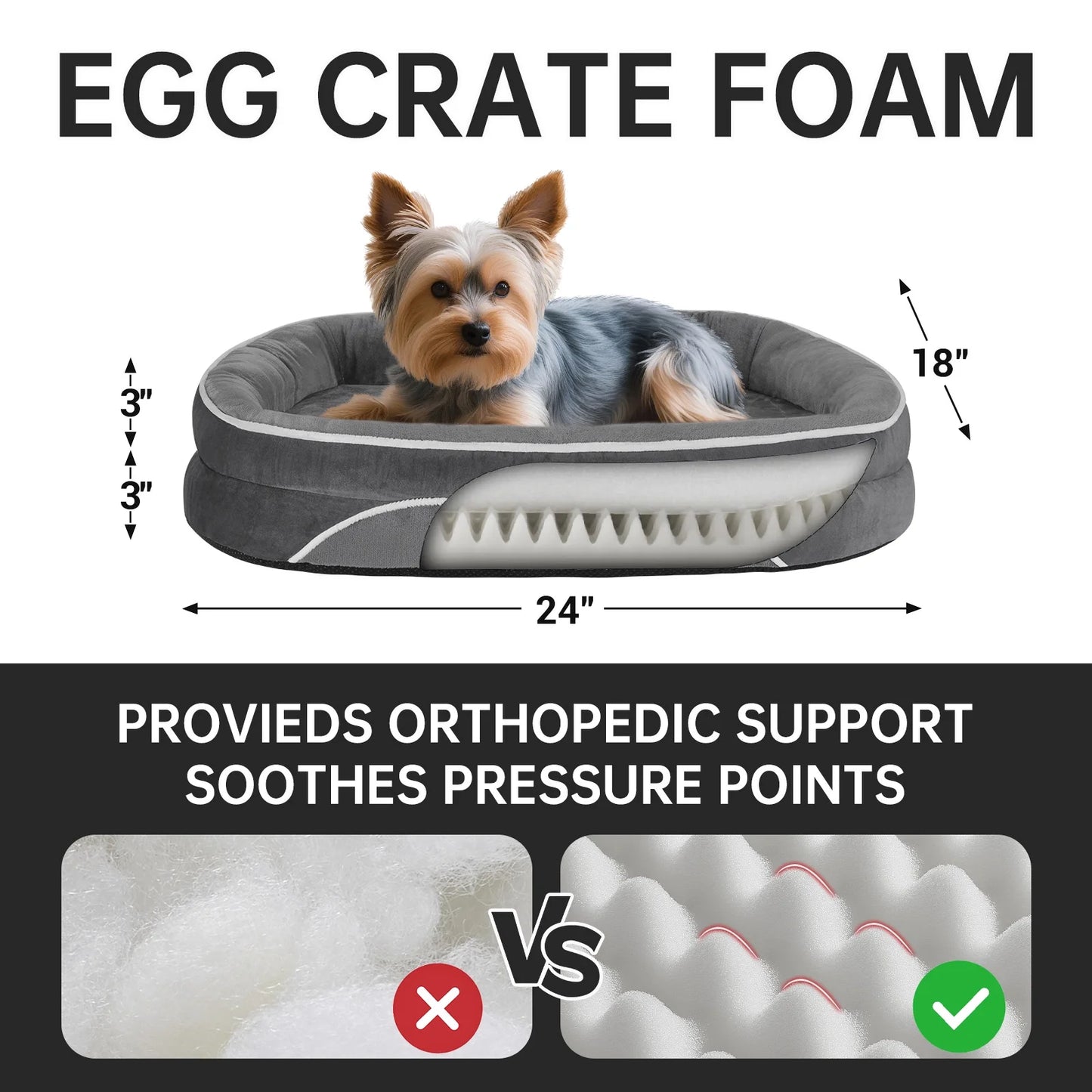 Gray Luxury Orthopedic Pet Bed for Small Dogs – Removable Machine-Washable Plush Cover, 4-Sided Bolster, Non-Slip Base, Dimensions 24" X 18" X 6