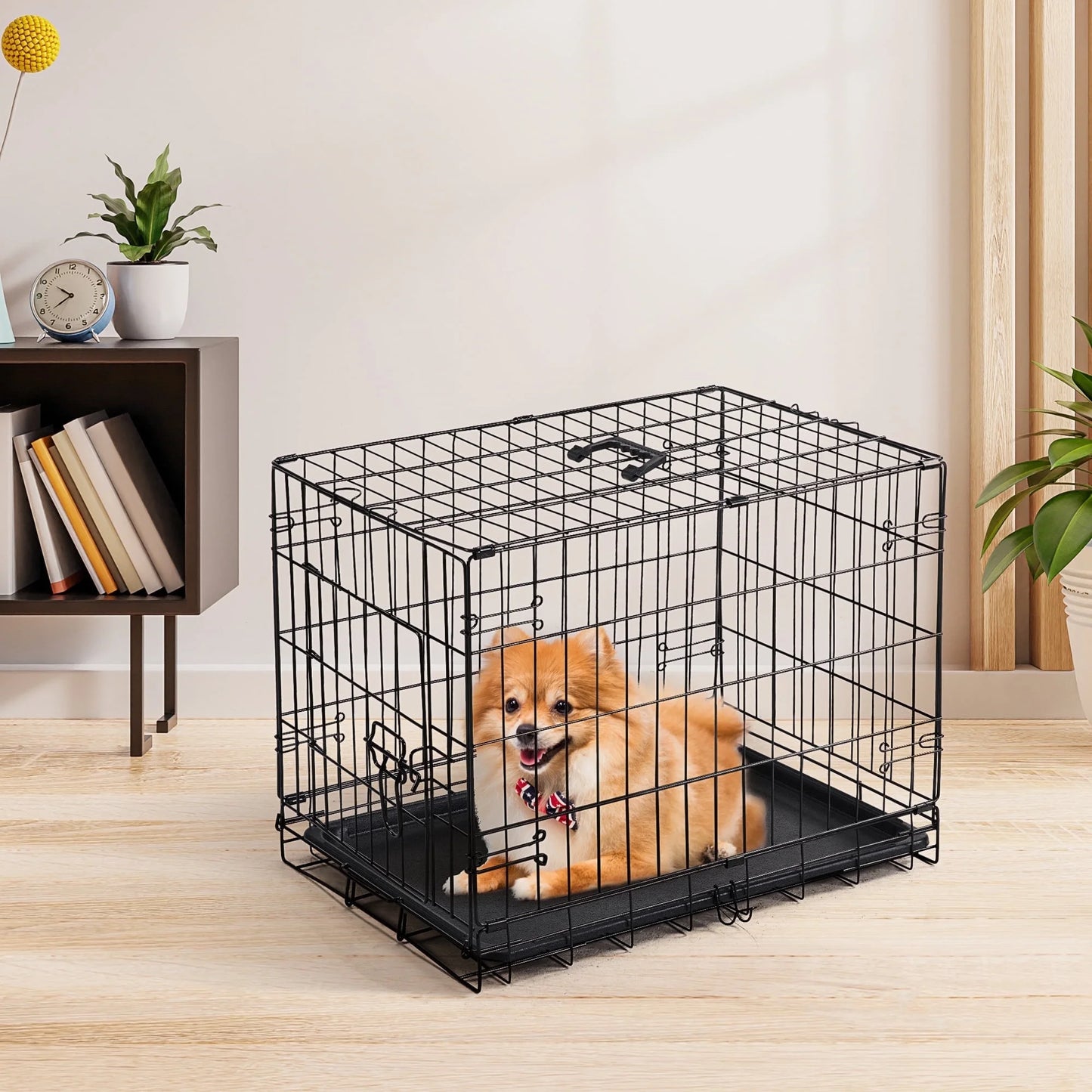 24-Inch Single-Door Folding Dog Crate with Leak-Proof Pan Tray, Portable Small Cage