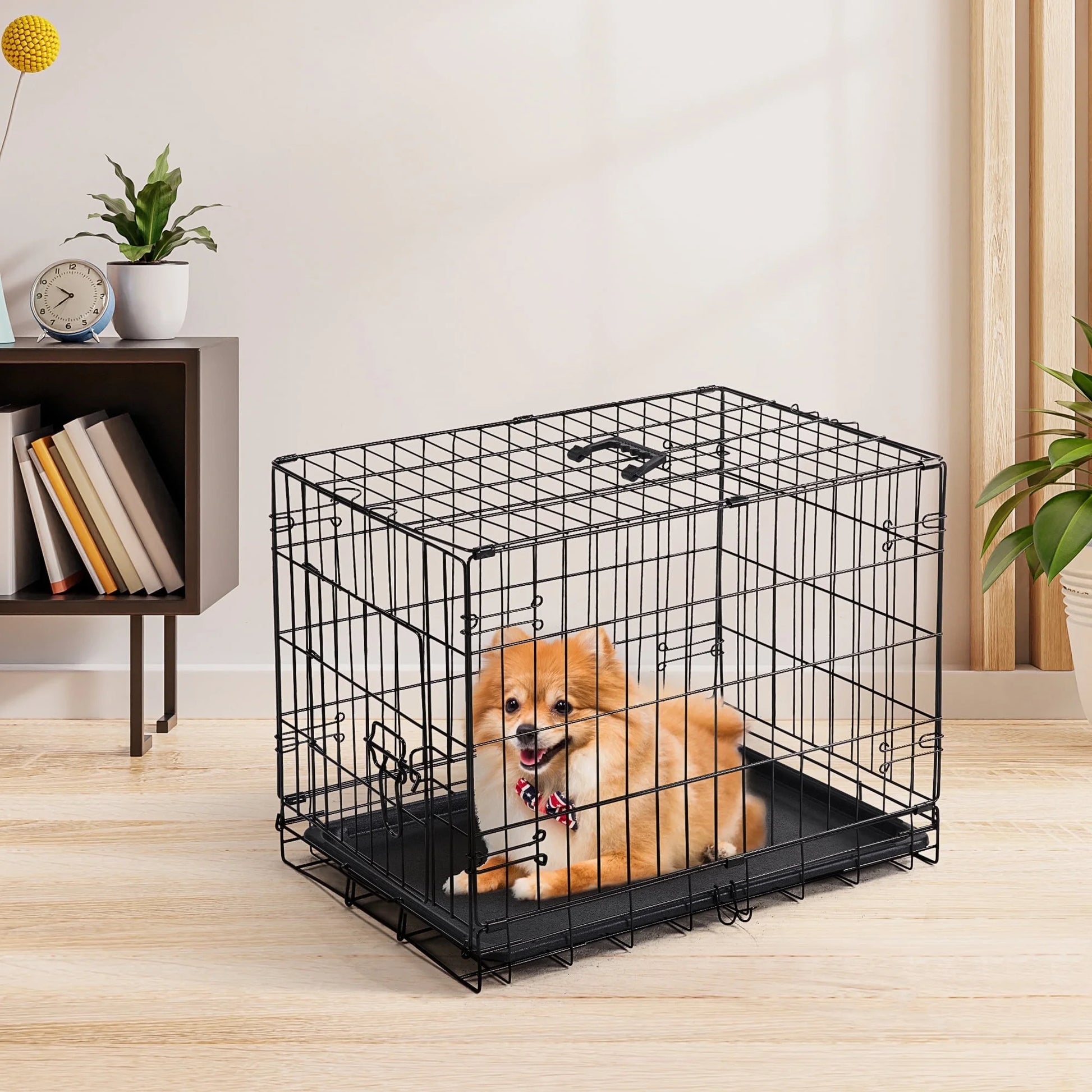 24-Inch Single-Door Folding Dog Crate with Leak-Proof Pan Tray, Portable Small Cage