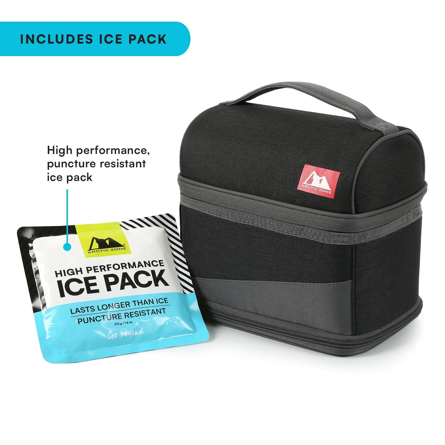 Expandable Lunch Box with Ice Pack, Black/Gray