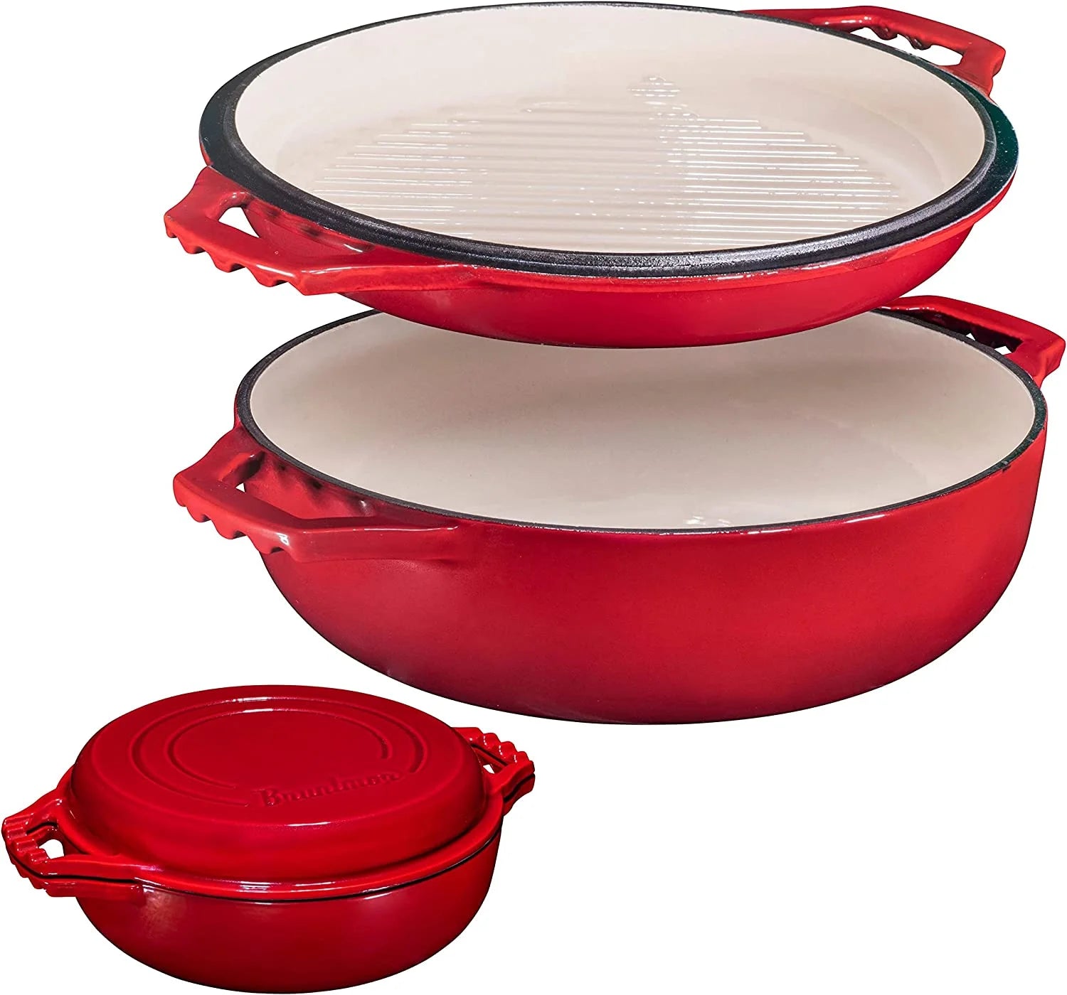 | 2-In-1 Enameled Cast Iron Cocotte Double Braiser Pan with Grill Lid