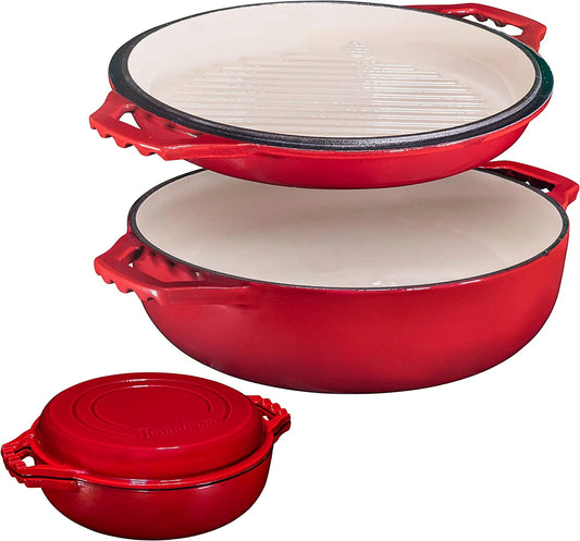 | 2-In-1 Enameled Cast Iron Cocotte Double Braiser Pan with Grill Lid