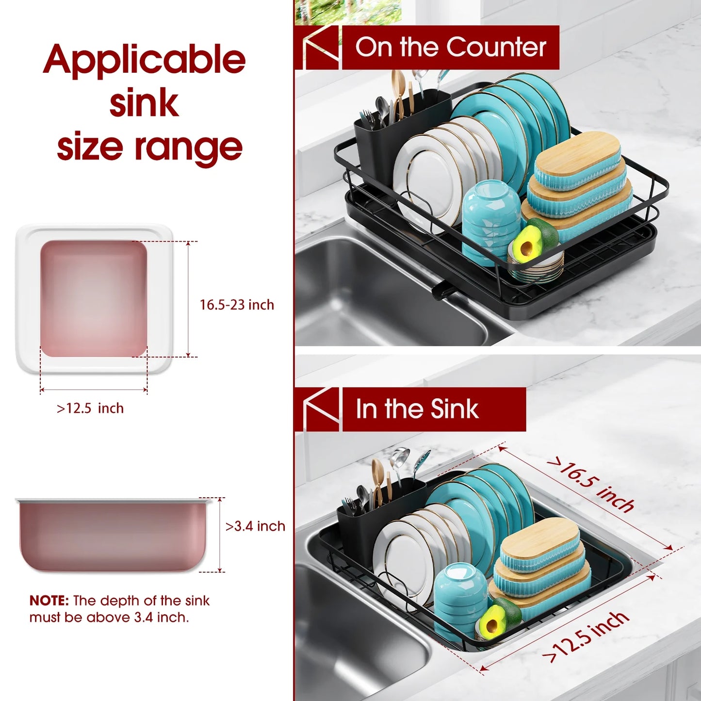 Dish Drying Rack, Compact Dish Racks for Kitchen Counter, Black