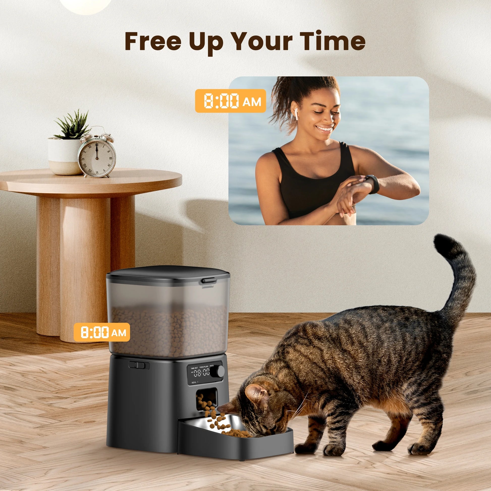 FD-01 3.5L Automatic Cat Feeder - Dual Power, Stainless Steel Bowl, Up to 36 Portions, 6 Meals Per Day, Detachable and Washable Design with Desiccant Bag - Black