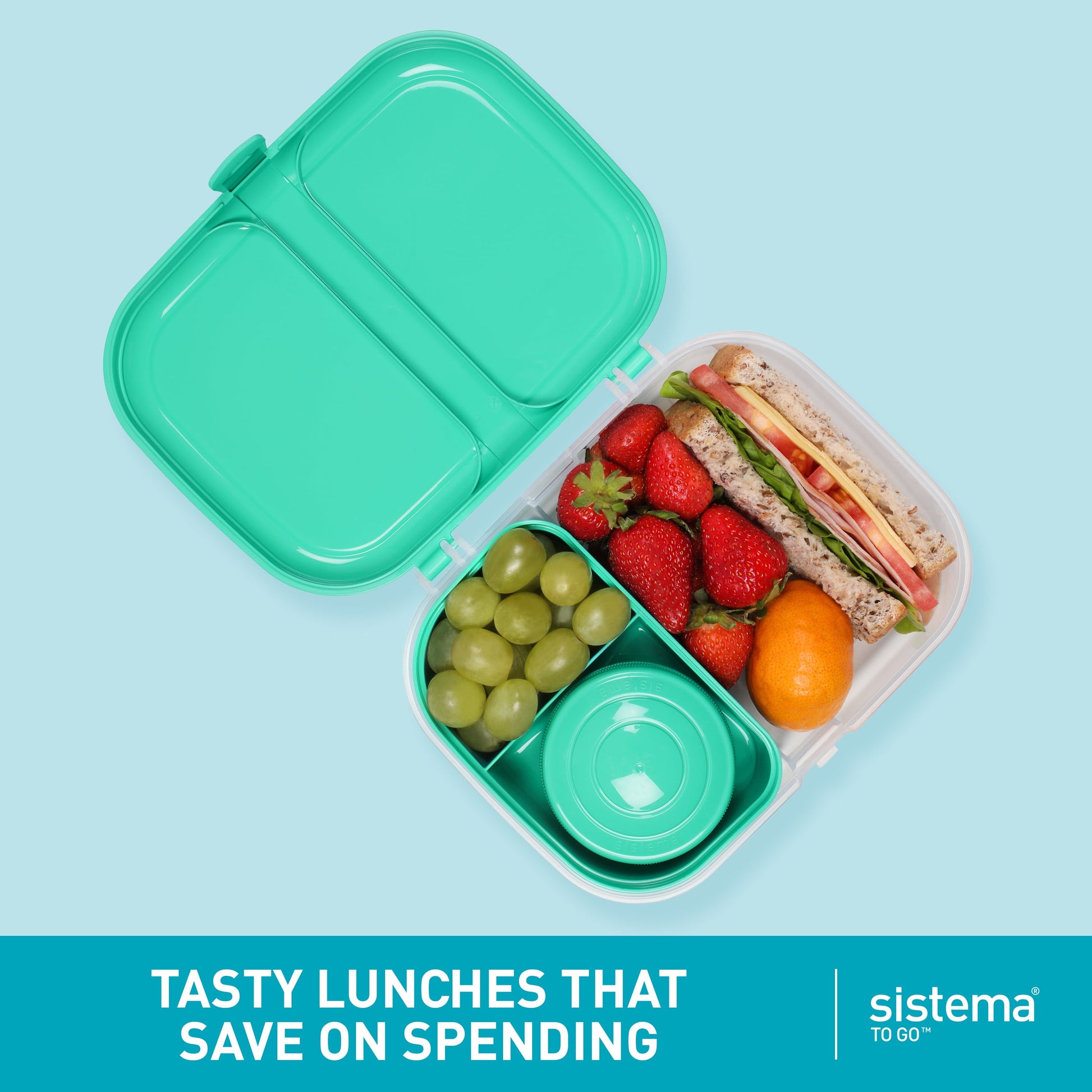 to Go Split Lunch Box, 1.1L Food Storage Container with 2 Compartments, Minty Teal