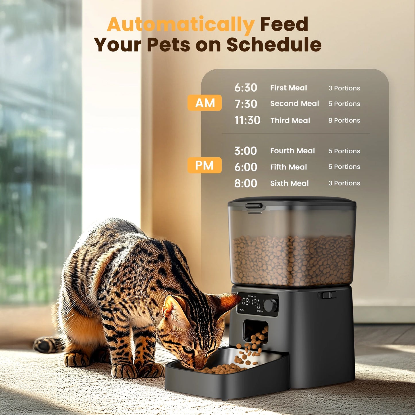 FD-01 3.5L Automatic Cat Feeder - Dual Power, Stainless Steel Bowl, Up to 36 Portions, 6 Meals Per Day, Detachable and Washable Design with Desiccant Bag - Black