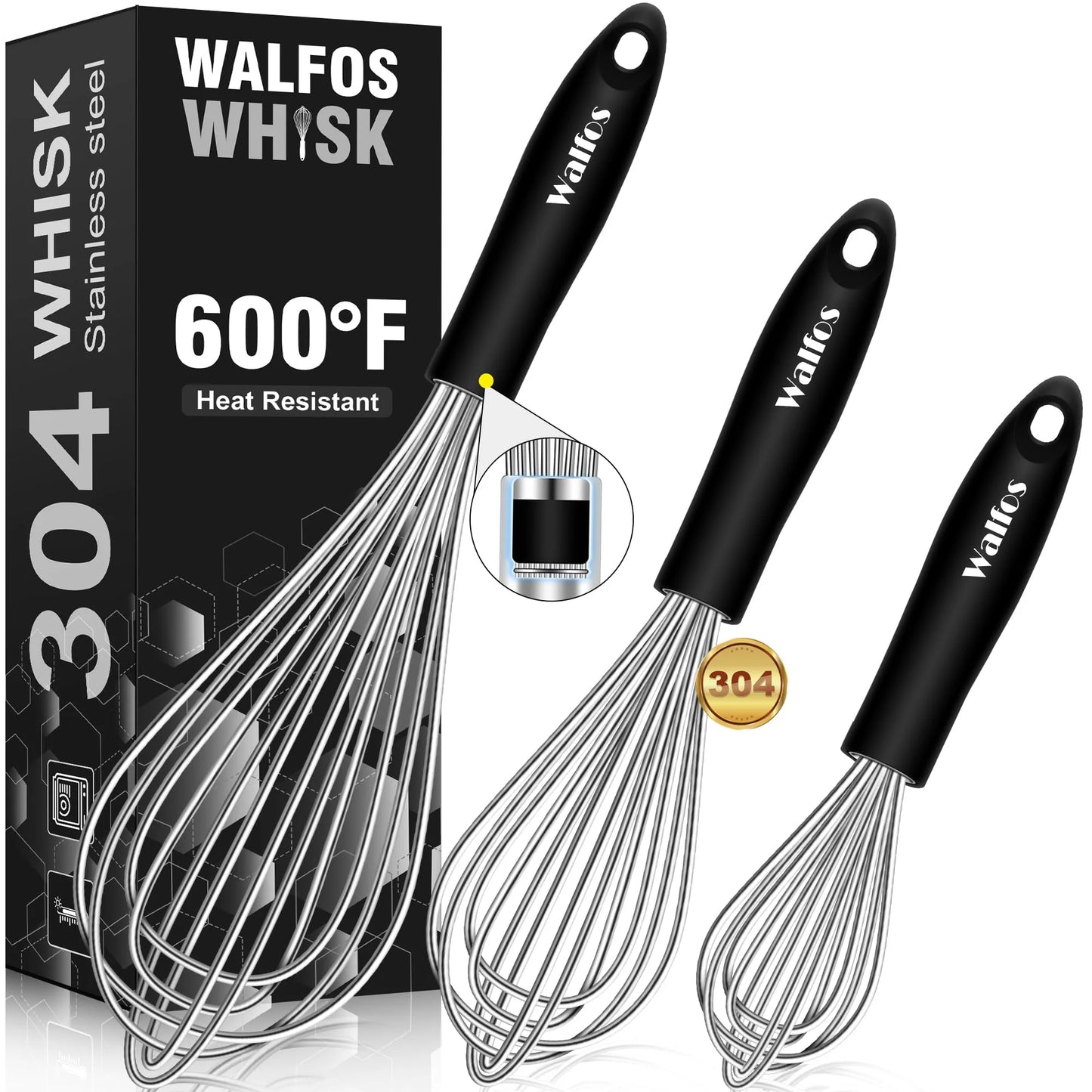 Stainless Steel Wire Whisk Set - 3 Packs Balloon Whisk, Thick Wire Wisk , Strong Handles, Egg Frother for Cooking, Blending, Whisking, Beating and Stirring (7"+9"+11")