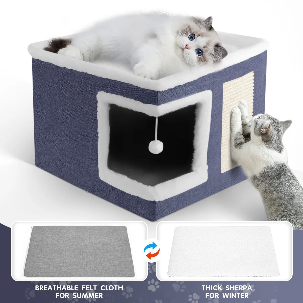 Indoor Pet Bed for Cats - Foldable Covered Kennel with Scratching Board, Ideal for Small Pets, Dark Blue