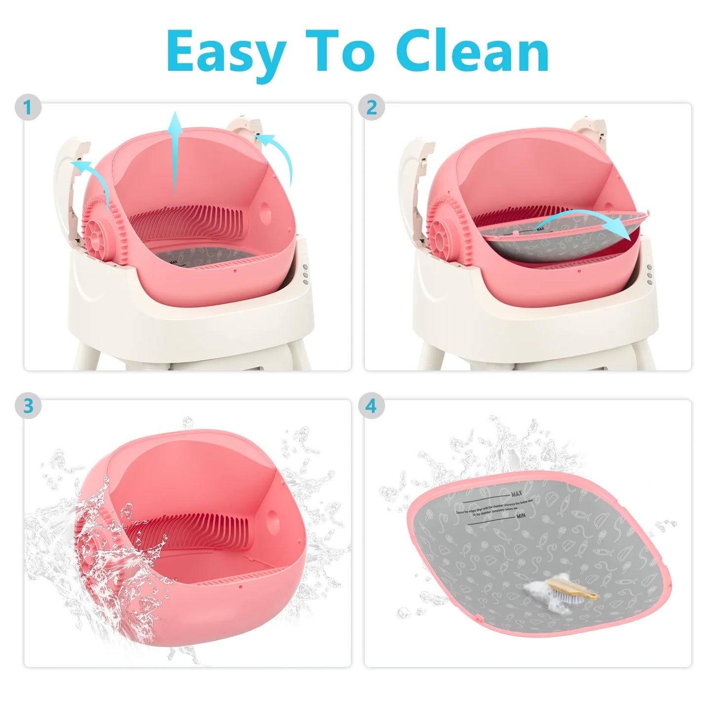 Automatic Self-Cleaning Cat Litter Box with Safety Features, Mat, and Trash Bags Included - Pink