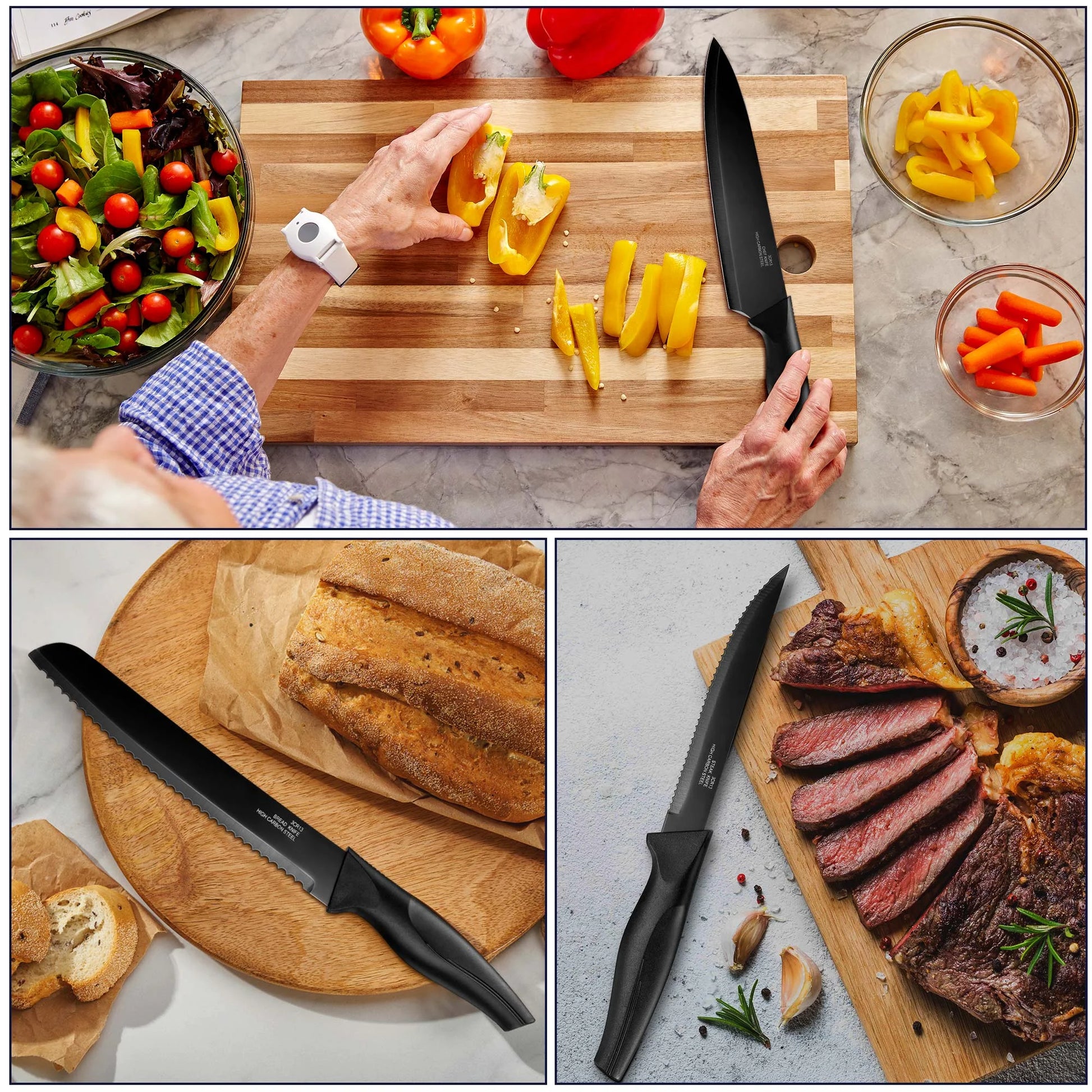 15-Piece High Carbon Stainless Steel Kitchen Knife Set with Self-Sharpening Block - Black