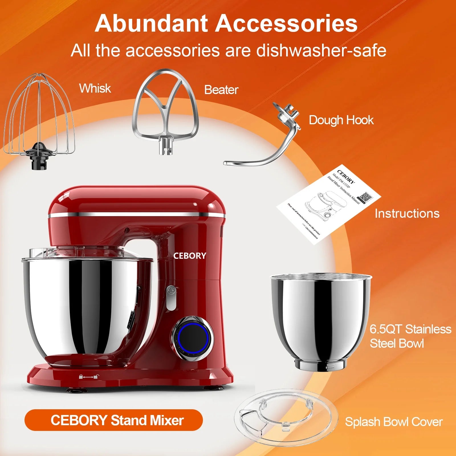 3-in-1 Stand Mixer with 6.5 QT Tilt-Head, 10-Speed Settings, Includes Dough Hook, Beater, Whisk, and Mixing Bowl for Home Chefs