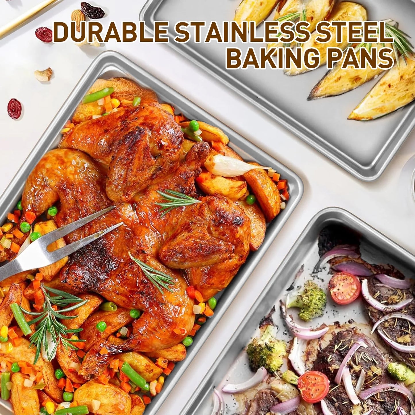 2 Piece Baking Cookie Sheet Set,15" X 11" Stainless Steel Food Baking Tray,Non Stick Rectangle Metal Flat Bakeware Dishwasher Safe