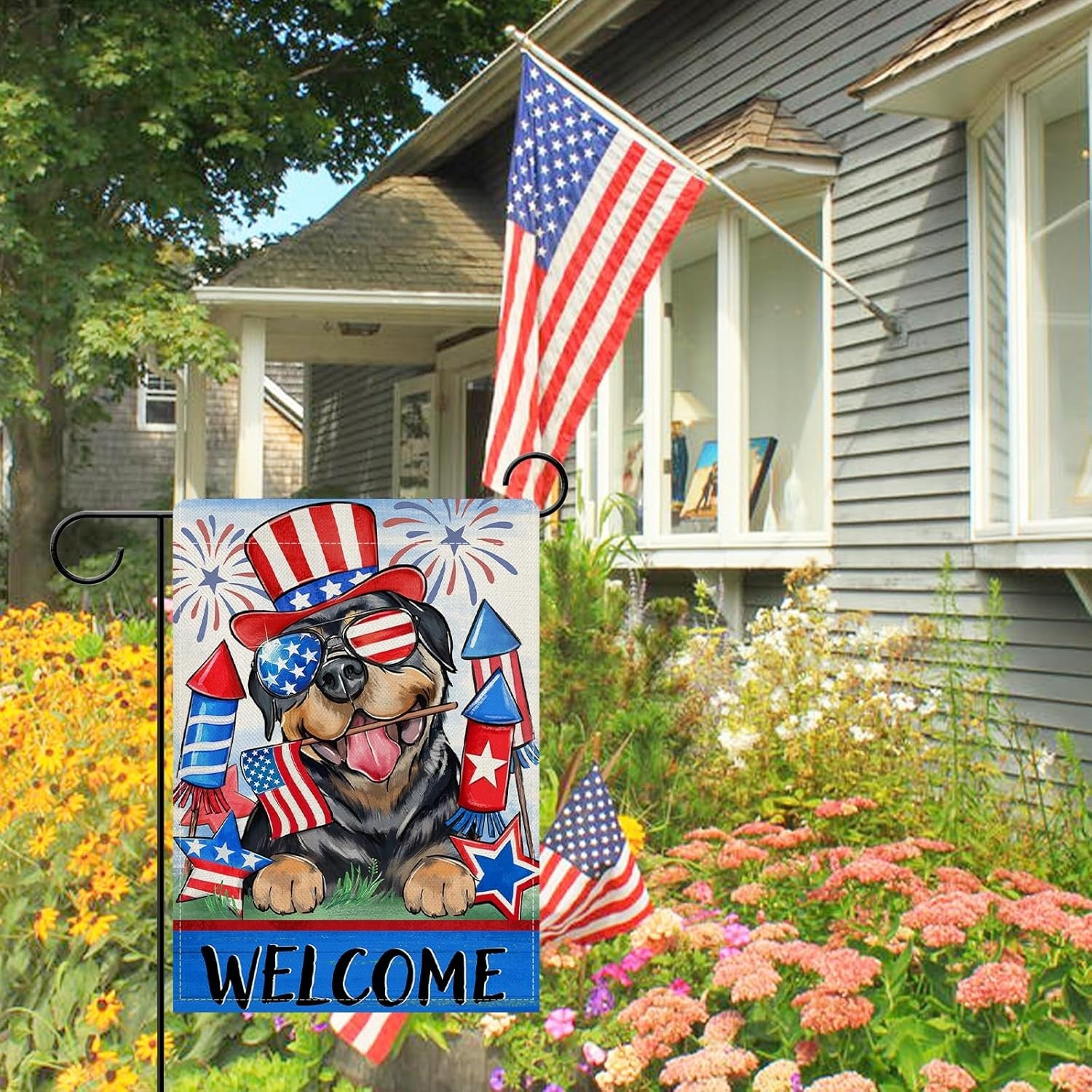Welcome 4Th of July Rottweiler Dog Patriotic Decorative Garden Flag, America Pet