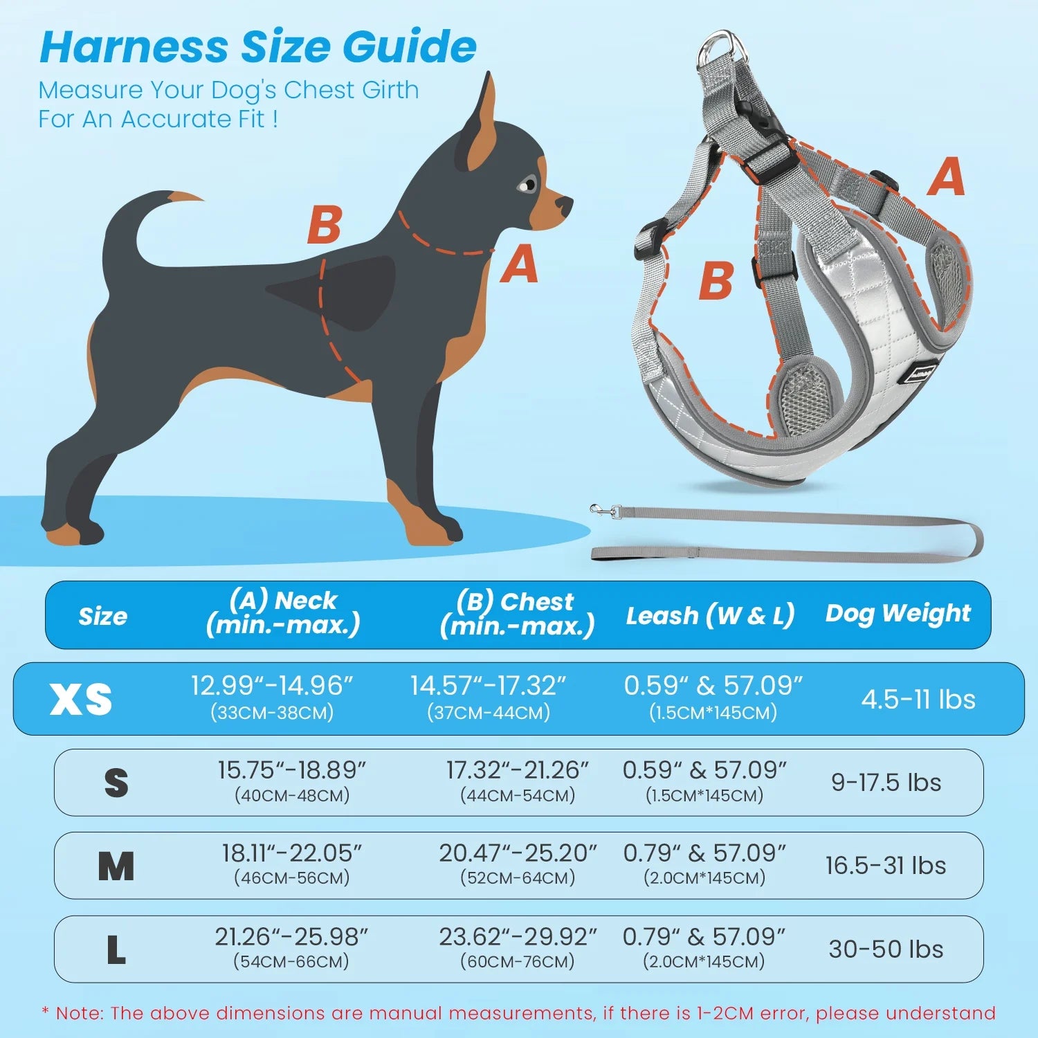 Adjustable Reflective Dog Harness and Leash Set, Escape-Proof No-Pull Vest for Small to Large Dogs, Gray, Size XS