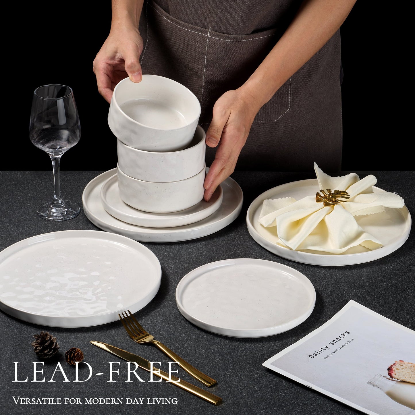 12-Piece Stoneware Dinnerware Set for Four, Elegant Speckled White Ceramic Plates and Bowls for Home and Restaurant Use
