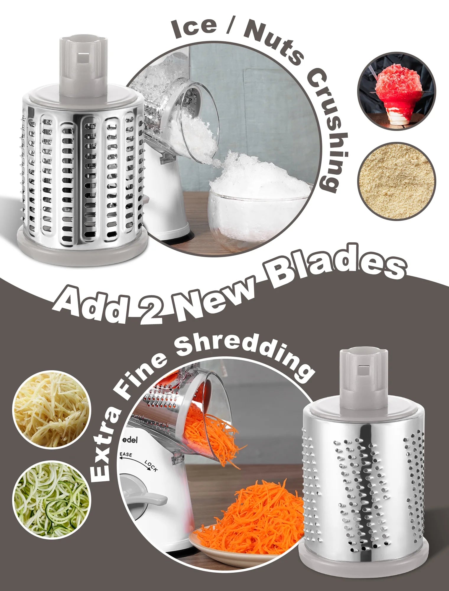 Rotary Cheese Grater, Kitchen Grater Vegetable Slicer with 5 Interchangeable Blades, Powerful Suction, Dishwasher Safe, Easy to Clean Grater for Vegetable, Fruit, Nuts, Gray