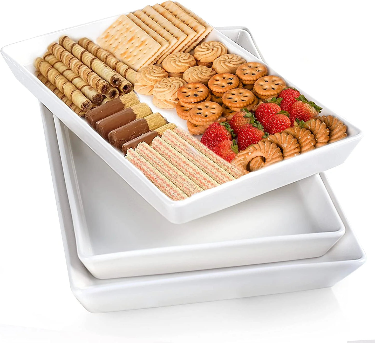 Large Serving Platter, 16/14/12 Inch Rectangular Serving Trays for Serving Food, Serving Tray for Party - Set of 3, White