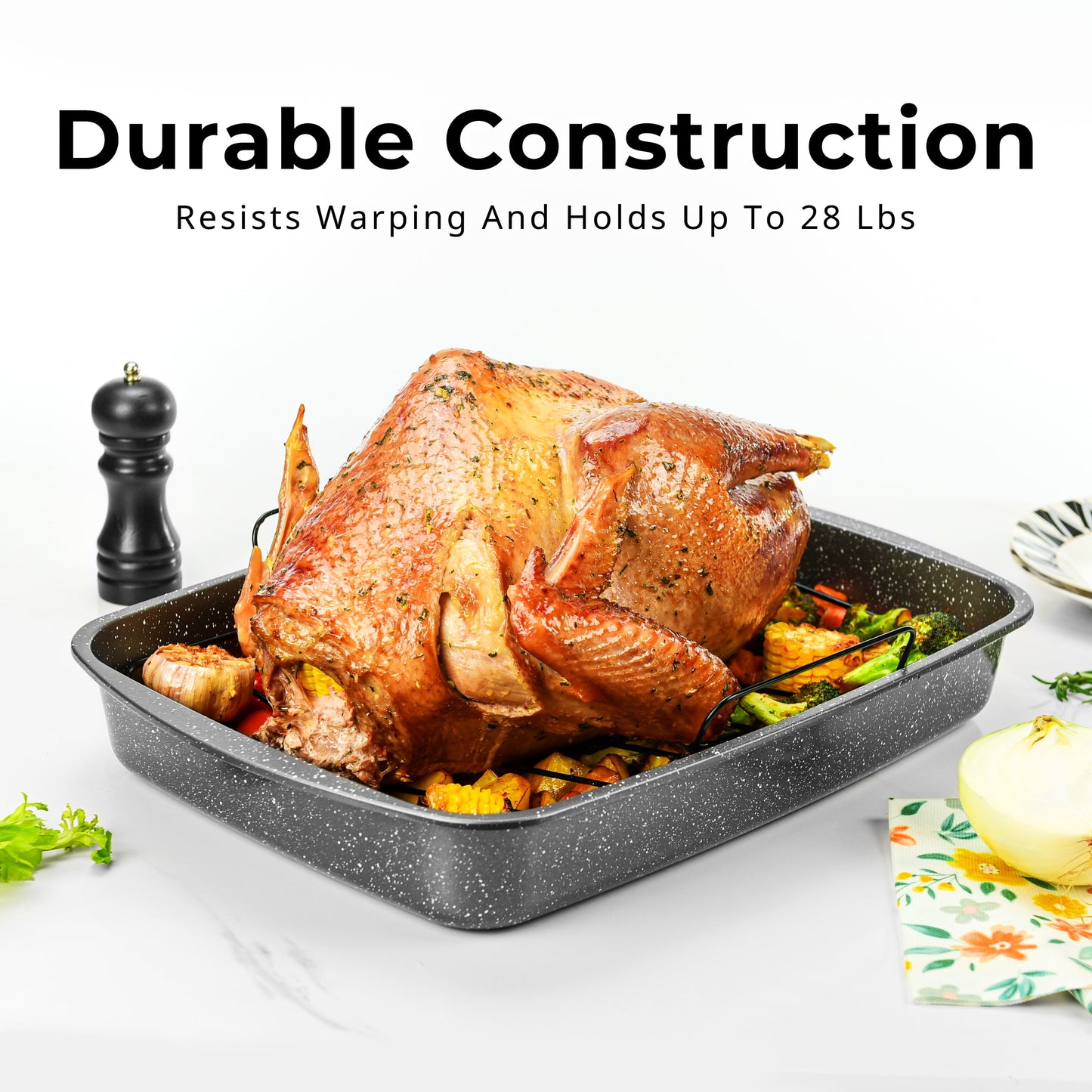 Rectangle 18.9" Non-Stick Carbon Steel Grey with Speckle Roaster Pan & Wire Rack Gauge on 0.5 Mm Thickness