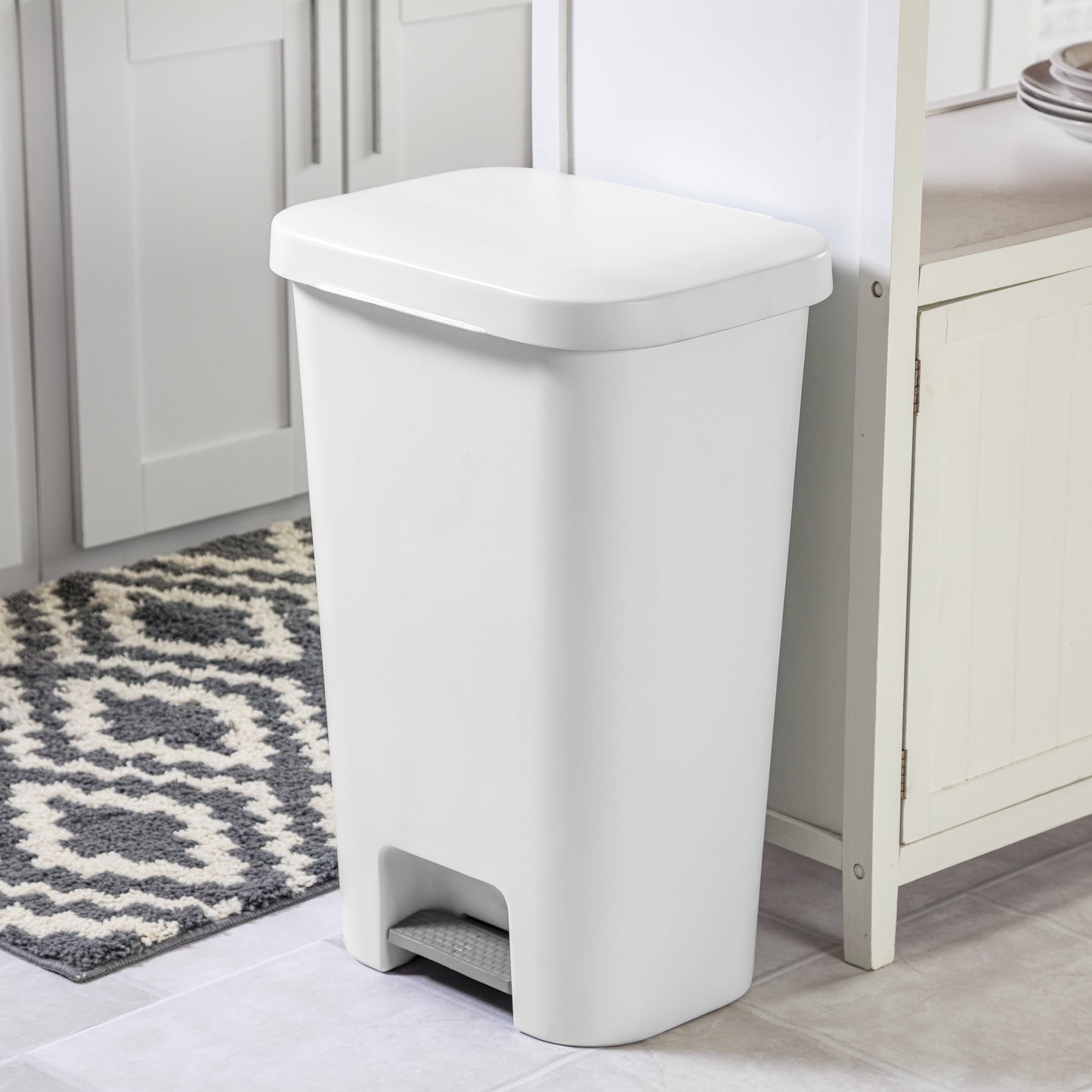 11.9 Gallon Stepon Rectangular Trash Can, Large Hands-Free Open for Kitchen, White