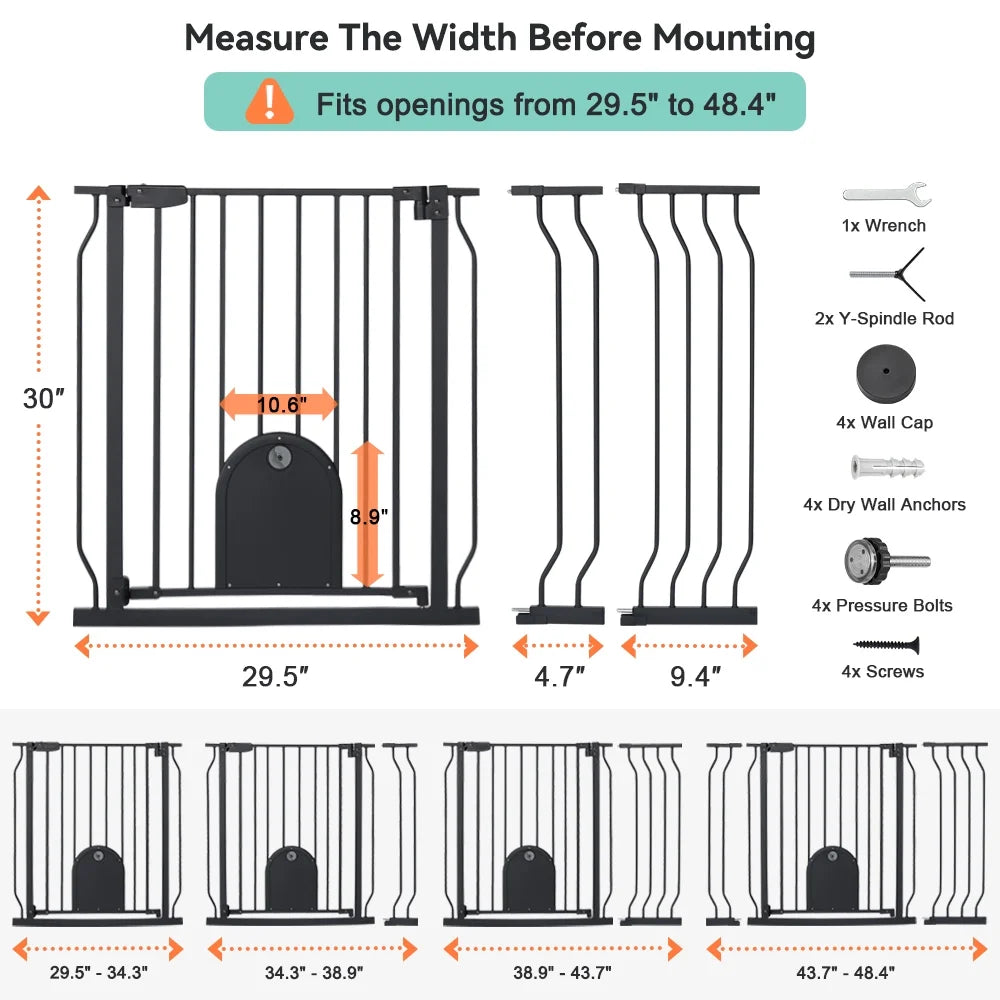 Adjustable Pet Safety Gate with Integrated Cat Door, Pressure-Mounted, Black, 29.5-48.4 Inches Wide